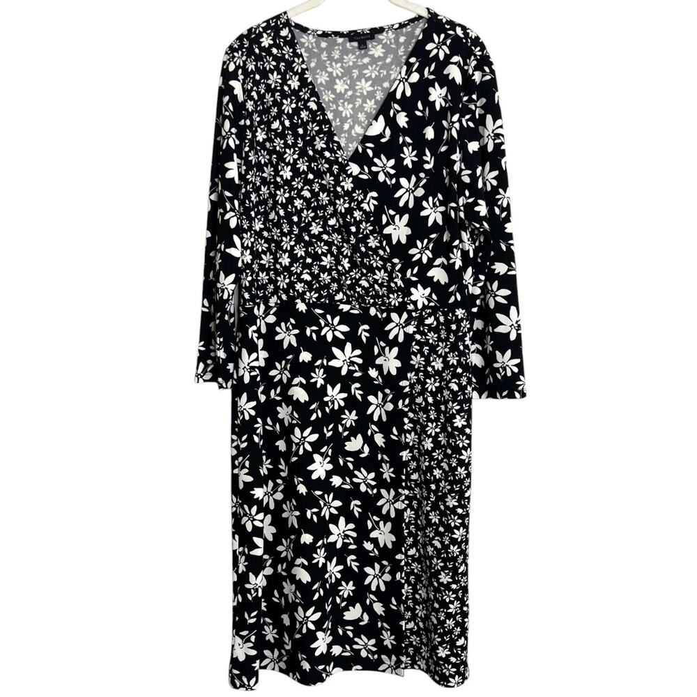 Talbots Faux Wrap Floral Dress Large Black White Mixed Print 3/4 Sleeve